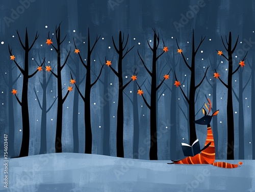 A deer is sitting in a forest reading a book
