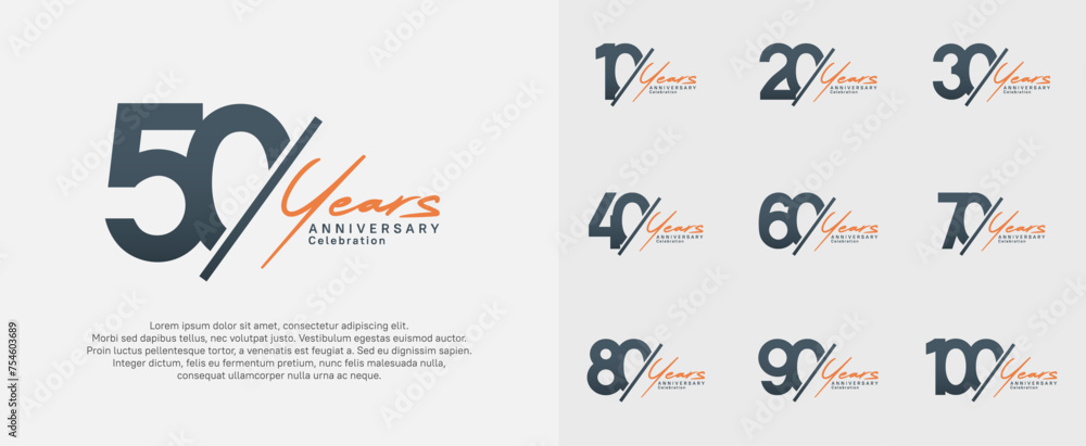 anniversary logotype vector design with slash and orange handwriting black color for special day