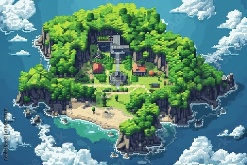 Pixelated village for game map. pixel map in the game. pixelated village maps in the game. Pixel art concept of village. Abstract pixelate landscape background. © jokerhitam289