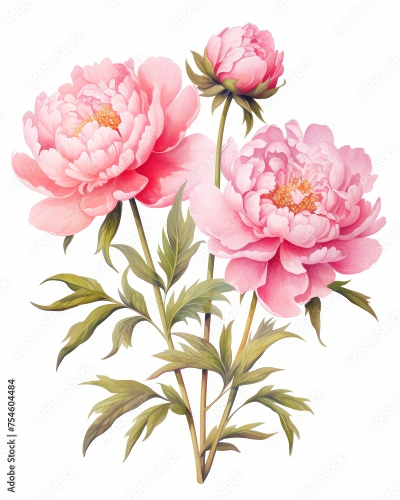 Fototapeta premium Vintage peonies botanical illustrations with delicate details on solid white background