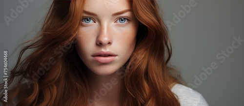 A close-up portrait of a Caucasian woman with long red hair and piercing blue eyes, looking directly at the camera. Her flawless skin and subtle freckles enhance her natural beauty.