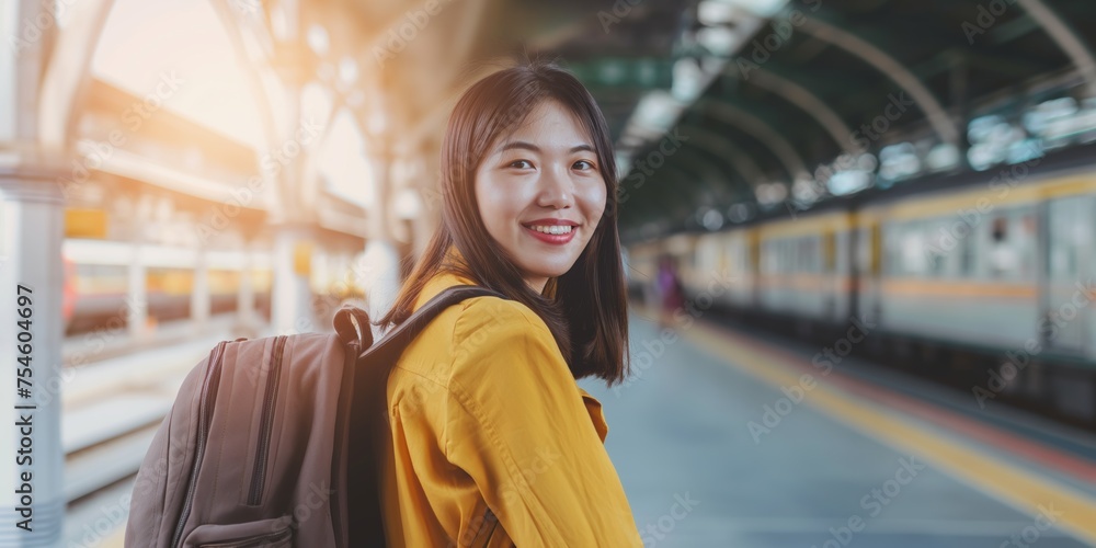 Cheerful Asian woman at a train station, ready for her commute, her joyful expression reflecting the excitement of travel and the freedom of adventure.