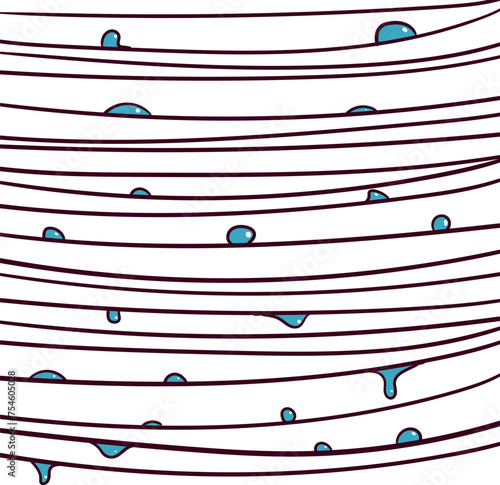 A lot of moisture in the form of plump drops is on the wires or threads.