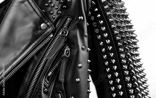  A sleek black leather jacket adorned with metallic studs and zippers,