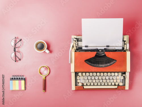 Vintage Typewriter and Coffee on Pink Background