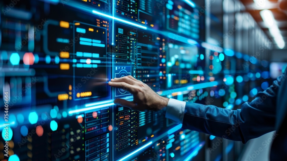 Smart City Control Hand FineTuning Virtual Dashboard in HighTech Workspace with Server Racks Energy Water and Traffic Systems Management Concept Smart City Control Hand FineTuning Virtual Dashboard in HighTech Workspace with Server Racks Energy Water and Traffic Systems Management Concept