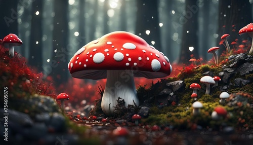 A fantasy forest filled with huge red and white mushrooms. 
