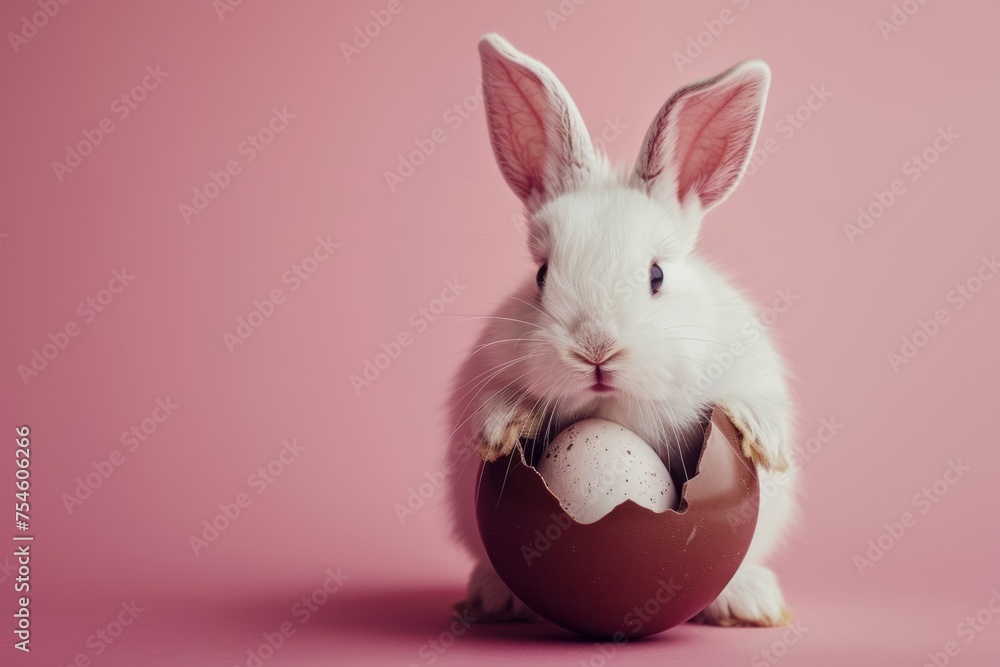 Obraz premium Cute little white rabbit with chocolate egg on pink background. Easter holiday concept.