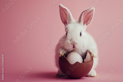 Cute little white rabbit with chocolate egg on pink background. Easter holiday concept.