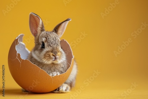 Cute little rabbit in yellow eggshell on yellow background. Easter concept