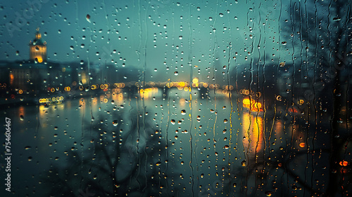 A city landscape viewed through a window with rain droplets - Generative AI