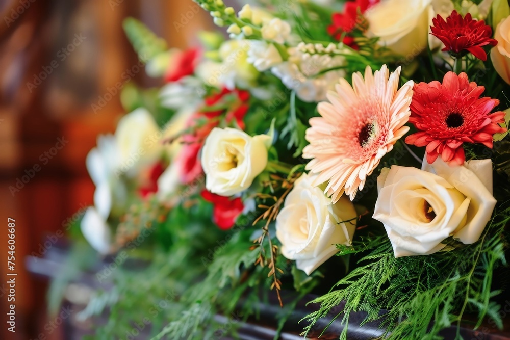 A flower arrangement on a coffin at a funeral.