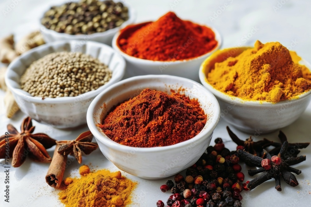 Many spices in porcelain bowls on a white background. Many spices in porcelain bowls on a white background.