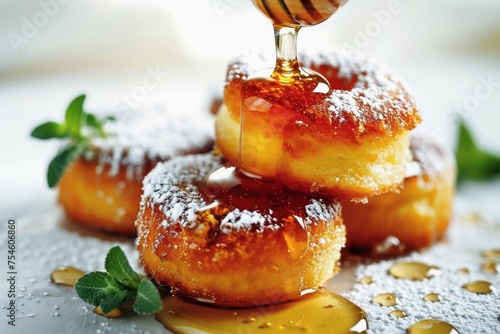 Pouring honey on sweet little cakes on a white background.
