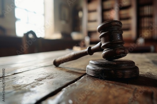 The hammer of a judge on a old wooden desk.