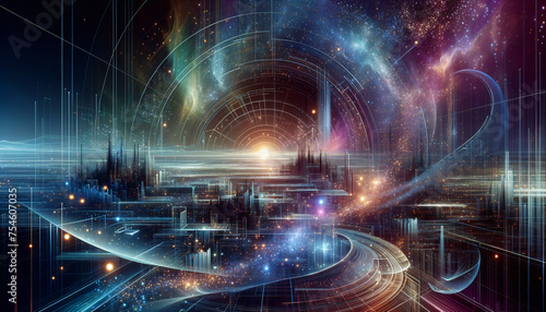 Tranquil Galactic Federation undergoing mesmerizing digital disintegration in harmonious universe