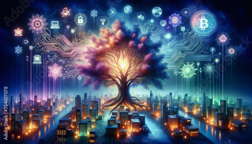 Surreal Fintech Tree with Digital Circuitry and Floating Islands