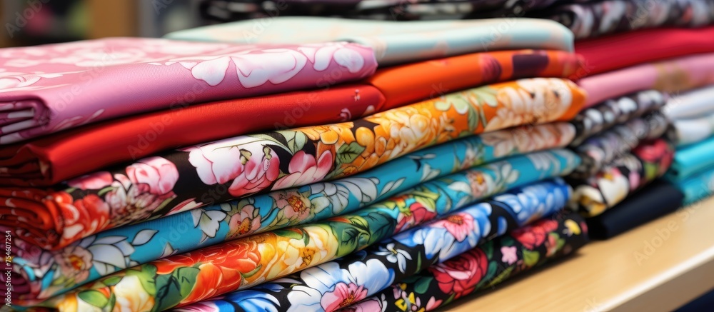 A vibrant stack of cotton fabrics in various colors sits neatly arranged on top of a wooden table, ready for patchwork and creative applications. A vibrant stack of cotton fabrics in various colors sits neatly arranged on top of a wooden table, ready for patchwork and creative applications.
