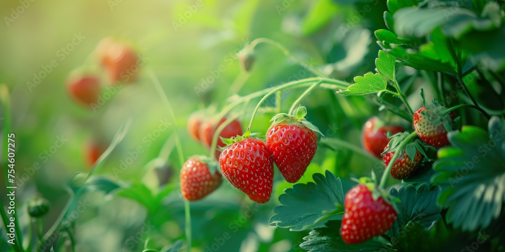 Strawberry harvest, close up of strawberries on the plant Strawberry harvest, close up of strawberries on the plant