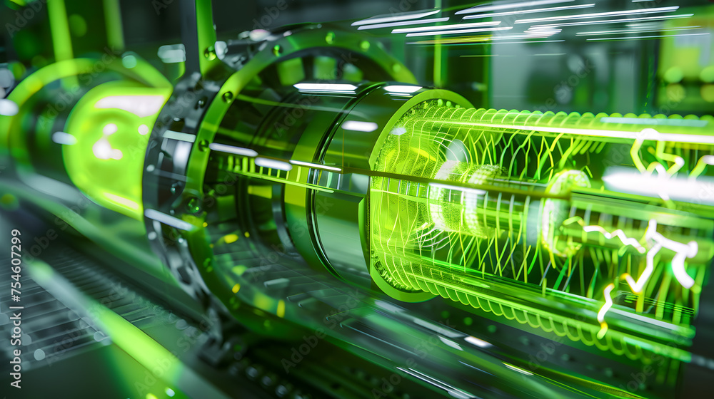 A close-up of a green hydrogen fuel cell, with details of the cell's components, the flow of hydrogen, and the production of electricity. A close-up of a green hydrogen fuel cell, with details of the cell's components, the flow of hydrogen, and the production of electricity.