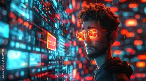 Digital artwork of a bearded hacker character with reflective neon light glasses, set against a vibrant digital backdrop.
