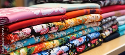 A vibrant stack of cotton fabrics in various colors sits neatly arranged on top of a wooden table, ready for patchwork and creative applications.