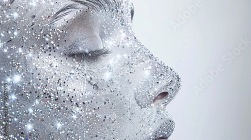 Sparkling glitter makeup arranged in an intricate pattern on a face, shimmering brightly against a pure white backdrop