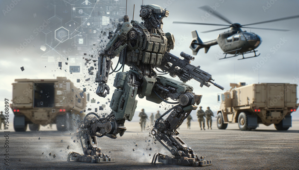 Digital Vanguard: Futuristic Military Robot in Geo-Digital Disintegration Digital Vanguard: Futuristic Military Robot in Geo-Digital Disintegration