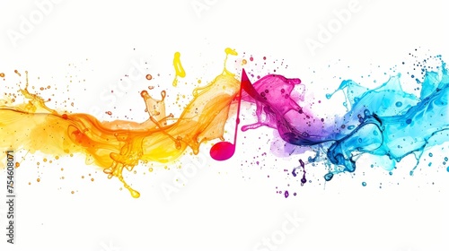 Dynamic musical score display that splashes bright colors Make pictures show creativity Contrasted with a clean white background. Capture attention with a bright and lively presentation.