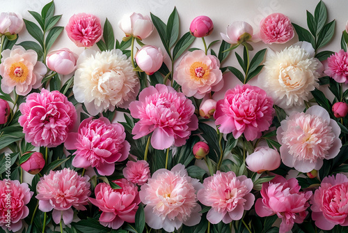 a lot of Buds of beautiful fresh peonies lie on a light milky Cyclorama, uncluttered, top view, elegance, aesthetic, style, minimalism, beauty © 성우 양