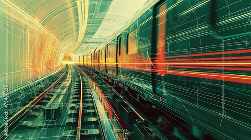 Pociąg podróżuje przez tunel wypełniony torami kolejowymi. Styl projektu architekta.  Światło z reflektorów oświetla tory, podkreślając dynamiczną podróż pociągu. photo