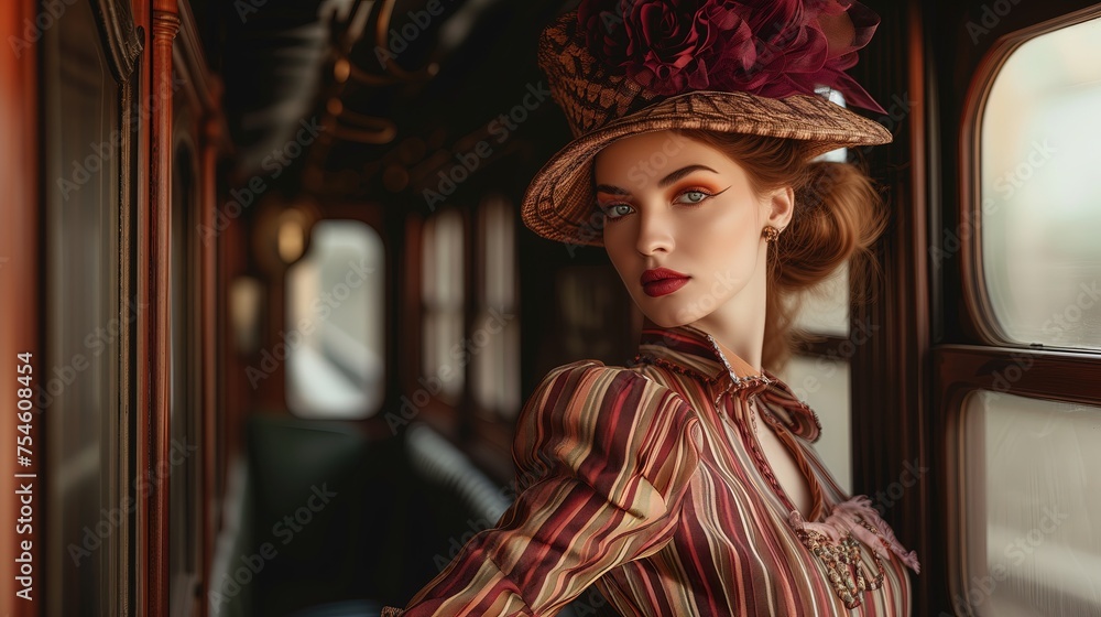 Kobieta w pasiastej sukience i kapeluszu lat 50s stoi w korytarzu pociągu i pozuje do kamery - obrazy, fototapety, plakaty 