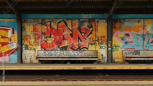 Na obrazie widać dworzec kolejowy z ławkami retro, którego ściany pokryte są kolorowymi graffiti. Grafitti są wyraźne i różnorodne, tworząc interesujący widok na tle szarych torów.