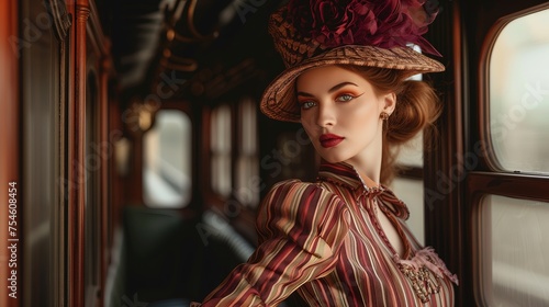 Kobieta w pasiastej sukience i kapeluszu lat 50s stoi w korytarzu pociągu i pozuje do kamery