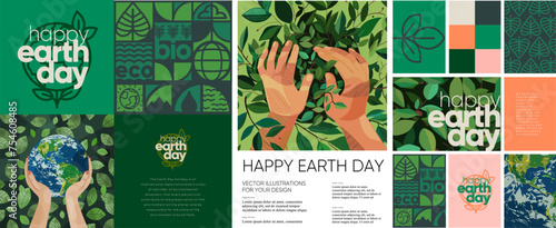 Happy Earth Day! Vector modern trendy illustrations of ecology, environmental protection and conservation, hands holding planet earth, leaves, plants and geometric pattern for poster or greeting card 