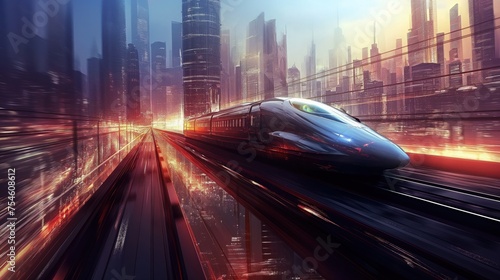 Wysokich prędkości pociąg przemierza miasto, przemykając między wieżowcami i opróżnionymi ulicami. Wyróżnia się swoją nowoczesną sylwetką i szybkim tempem podróży.