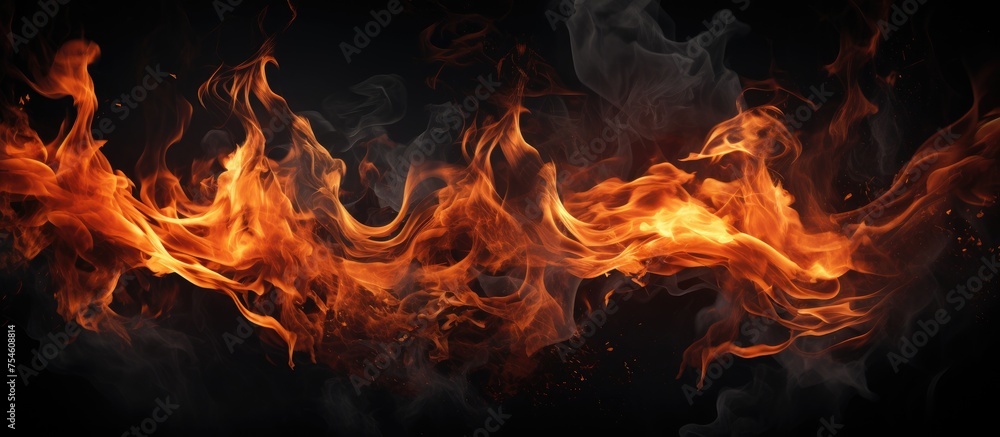 A large fire fiercely burns in the darkness, illuminating the surroundings with intense flames and glowing embers. The flames dance violently, creating a stark contrast against the pitch-black A large fire fiercely burns in the darkness, illuminating the surroundings with intense flames and glowing embers. The flames dance violently, creating a stark contrast against the pitch-black