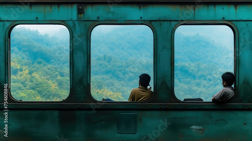 Dwóch hindusów siedzi wygodnie opierając się o pojedynczą ścianę pociągu, Tapeta pokazuje abstrakcyjne zdjęcie o podróżach i poznawaniu świata.