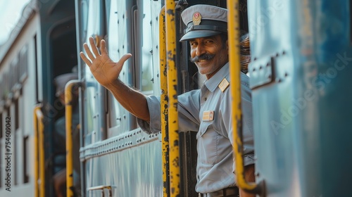 Mężczyzna w mundurze i czarnym wąsem macha z pociągu w geście pozdrowienia
