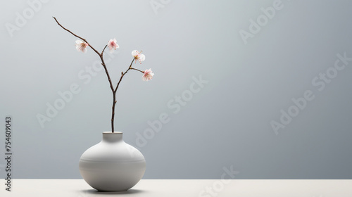  A minimalist ceramic pot  housing a single delicate blossom  captures attention on a sleek glass table with grey wall