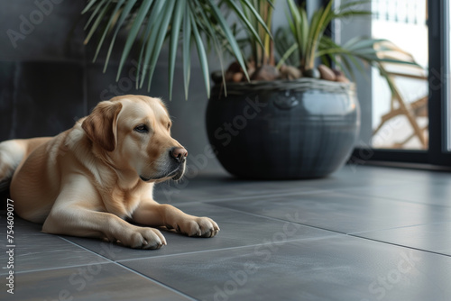 Purebred dog on a marble floor with a flower