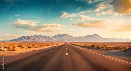 Open road in desert, vast landscape with bottom copy space photo