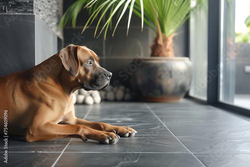 Purebred dog on a marble floor with a flower photo