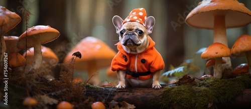 A small French Bulldog stands among the mushrooms in an orange jacket in the midst of a forest. The dog looks curious and alert as it explores the woodland floor full of colorful fungi.