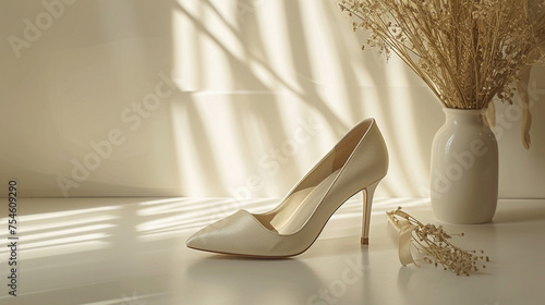  a pair of slingback pumps with a kitten heel, skillfully displayed on a white surface photo