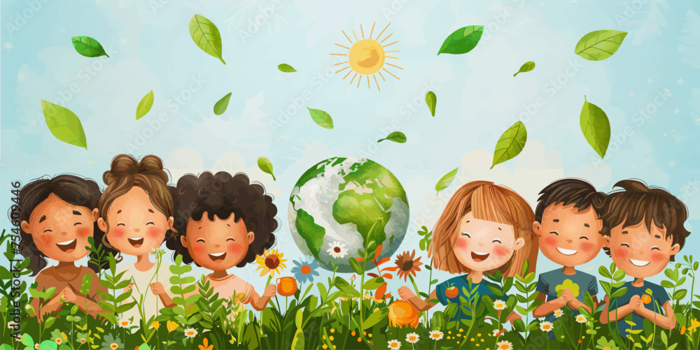 Happy Earth Day. Children's cute  illustration of kids of different nationalities and races care about the ecology of planet Earth and the environment. Hand drawn illustration for banner, greeting  - obrazy, fototapety, plakaty 