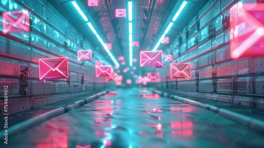 3D rendered concept of secure email exchange with flying envelopes in a futuristic digital corridor, symbolizing online communication security.
