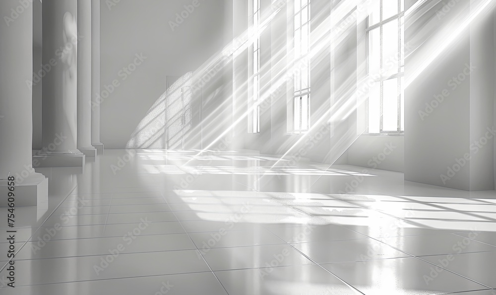 White room with diagonal white rays of sun, reflections and refractions, neutral white background White room with diagonal white rays of sun, reflections and refractions, neutral white background