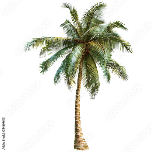 Serene beauty of a tropical palm tree  swaying gently in the warm ocean breeze. Transparent png  add your own background.