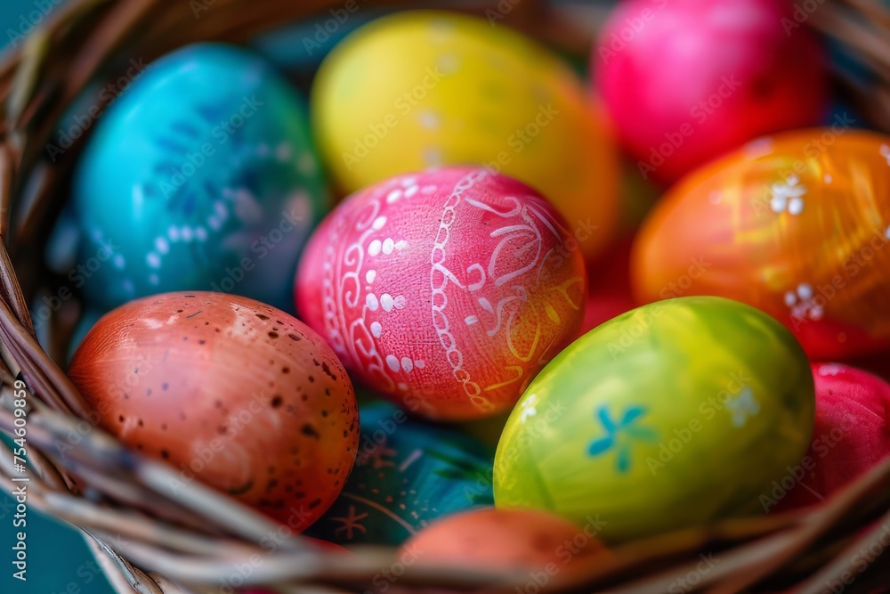 Close up colorful Easter eggs in a basket. Happy Easter Close up colorful Easter eggs in a basket. Happy Easter